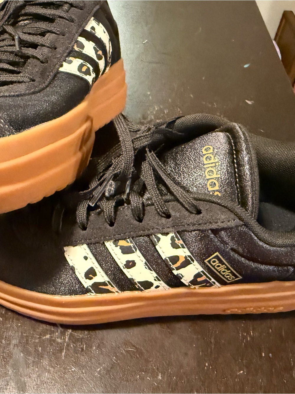 adidas Brown Platform Sneakers with Leopard-Print Stripes and Gum Sole